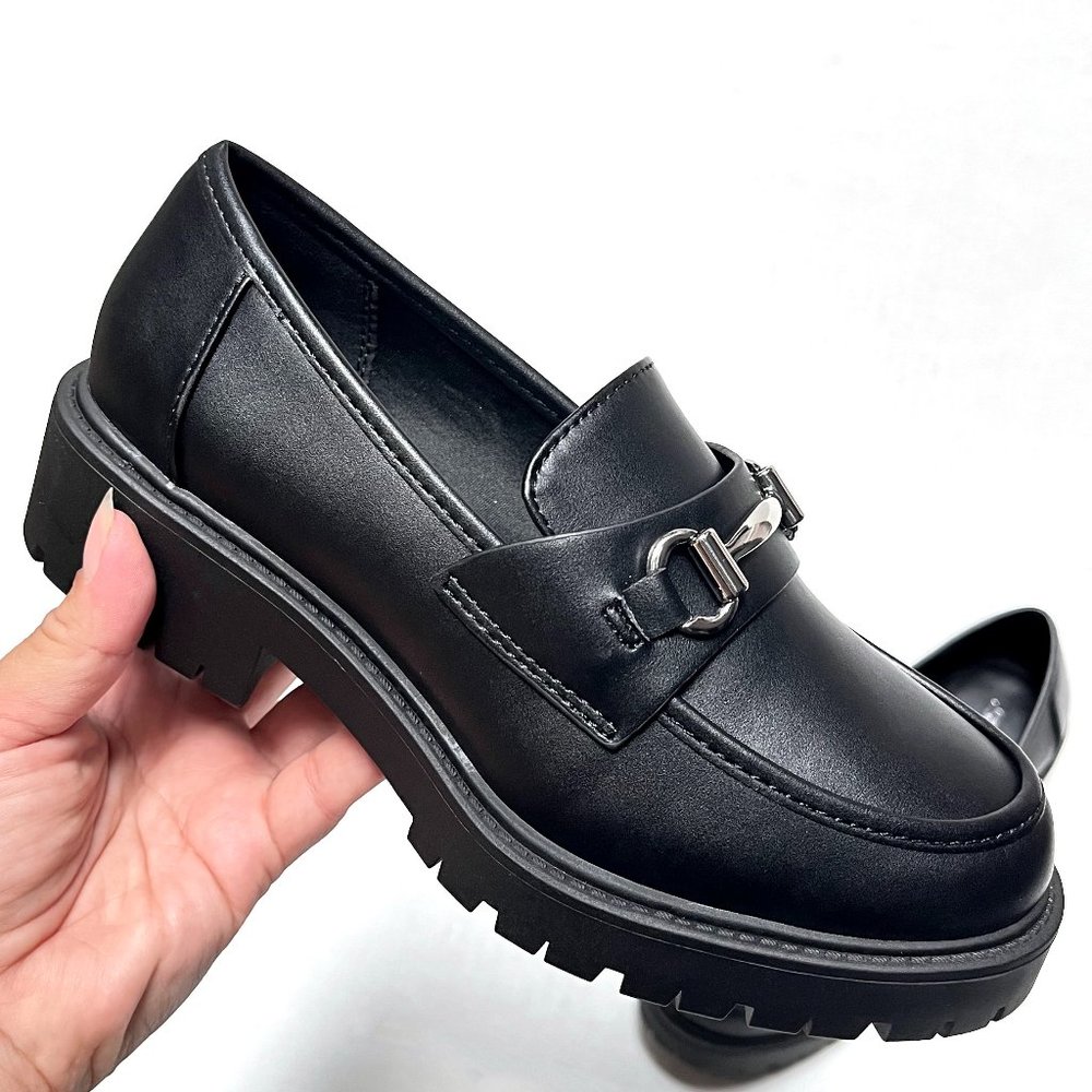 New Black Silver Chain Platform Slip On Chunky Heel Penny Loafers